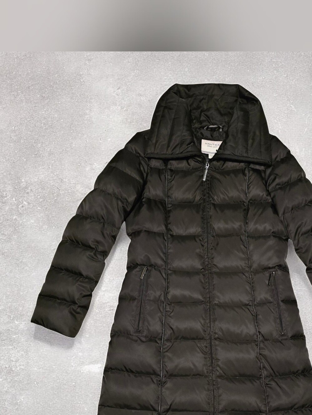 Small Nautica Lightweight Black Mid-Length Puffer Coat 50% Down/Feather NO HOOD